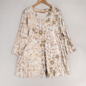 LOGO Lori Goldstein Tunic Top 2X Beige Floral Neutral Stretch Knit 3/4 Sleeve